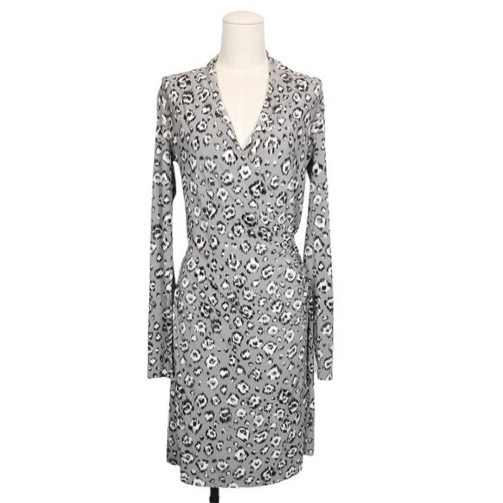 Norma Kamali Faux Wrap Dress Gray Leopard Print Long Sleeve Size Large‎